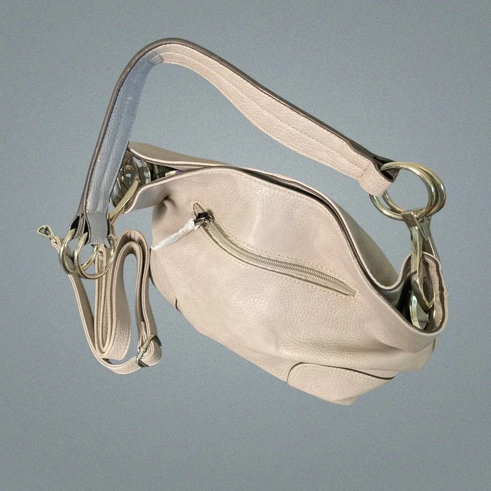 New Americana Purse Beige Pebbled Faux Leather‎ Handbag Pockets Shoulder Strap
